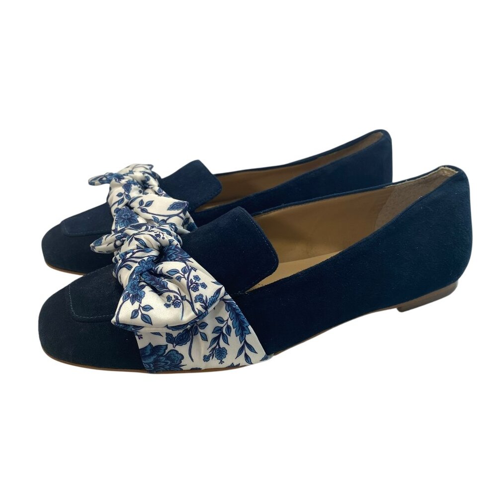 Talbots Square Toe Stella Floral Bow Faux Suede Ballet Flat Loafers 7M Navy New